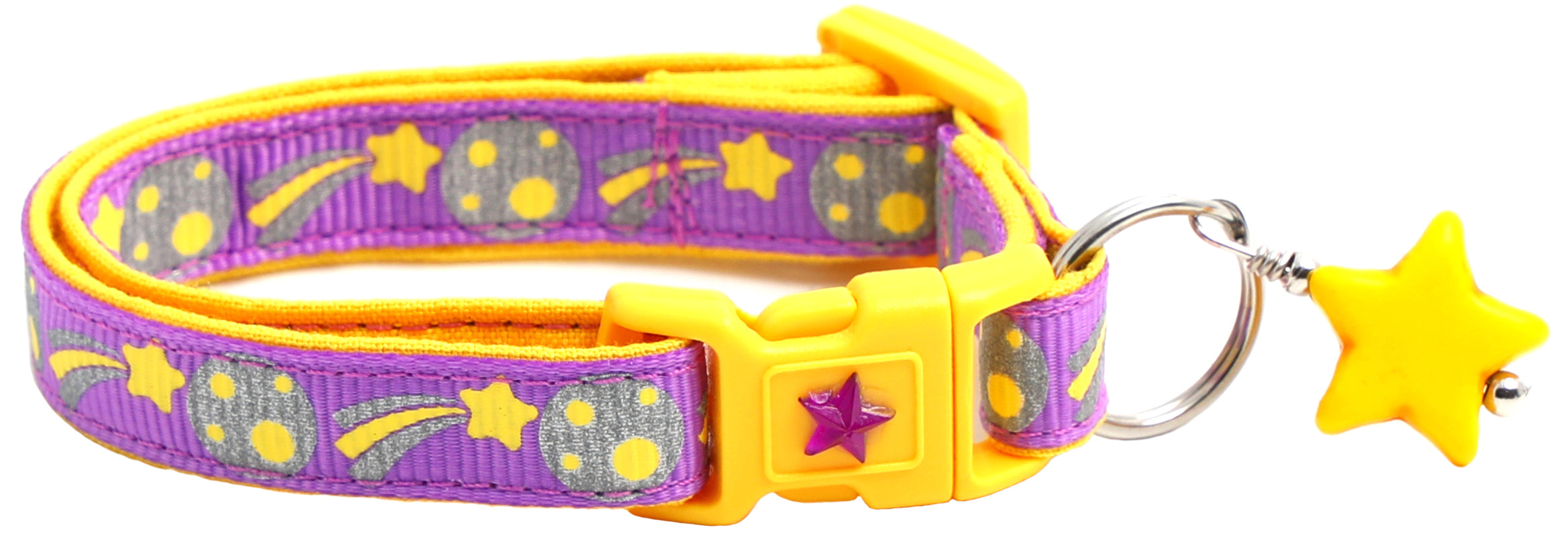 Shooting Stars Reflective Cat Collar showcasing reflective elements and reinforced cotton material, designed for safety and style.